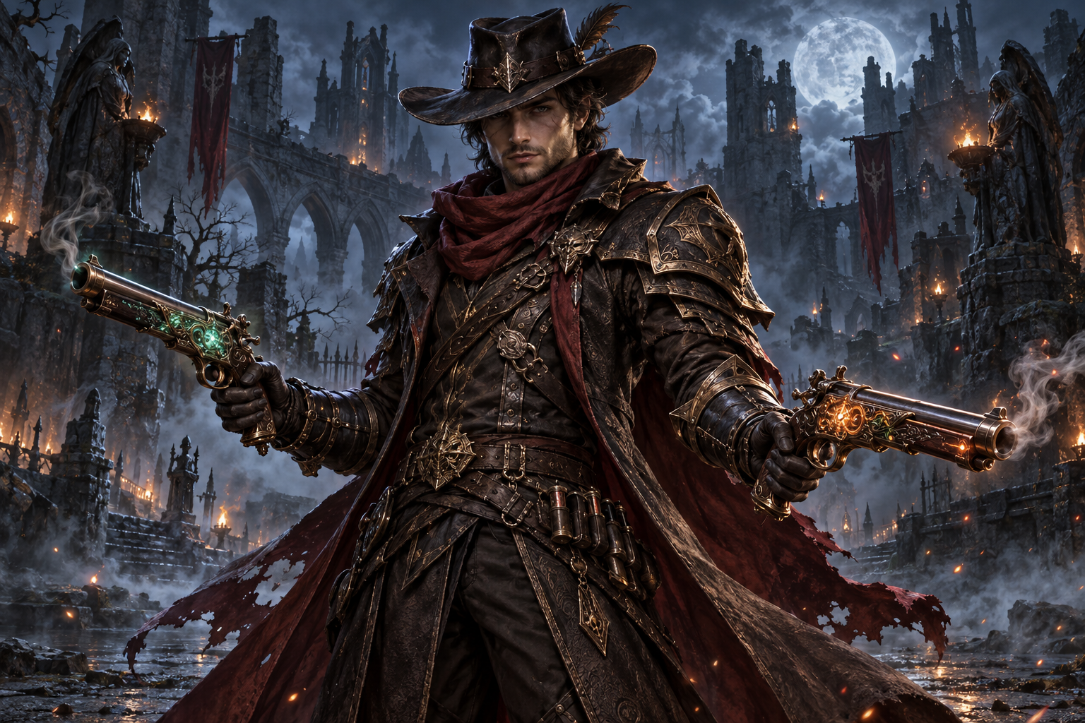 A centered Gunslinger in leather and bronze armor, carrying two ornate pistols in a moonlit ruined courtyard.